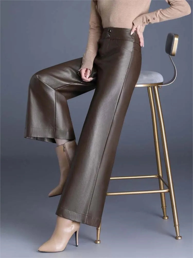 Glossy Leather Wide-Leg Pants